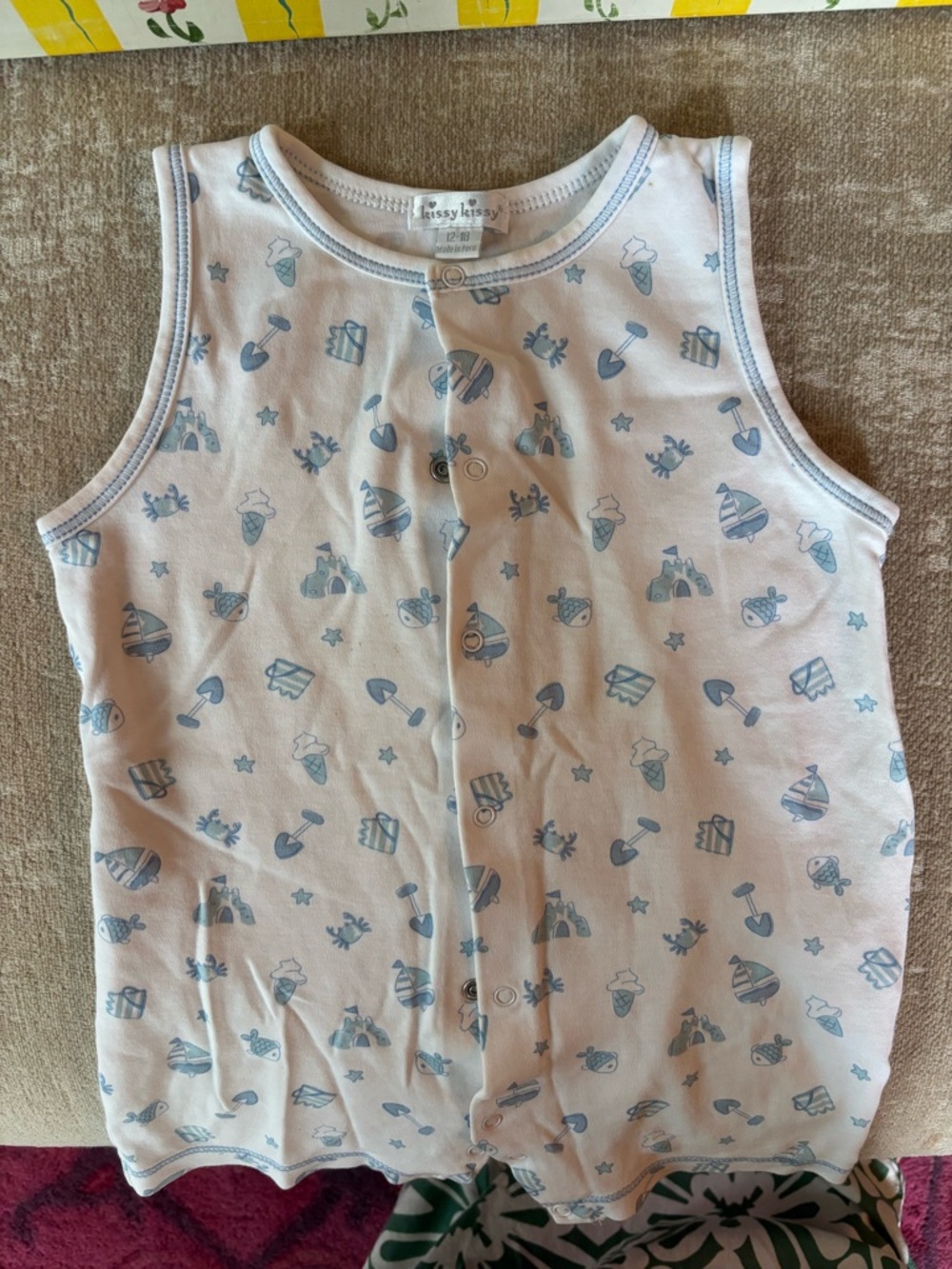 Kissy Kissy White Tank Romper with Light Blue Beach Print